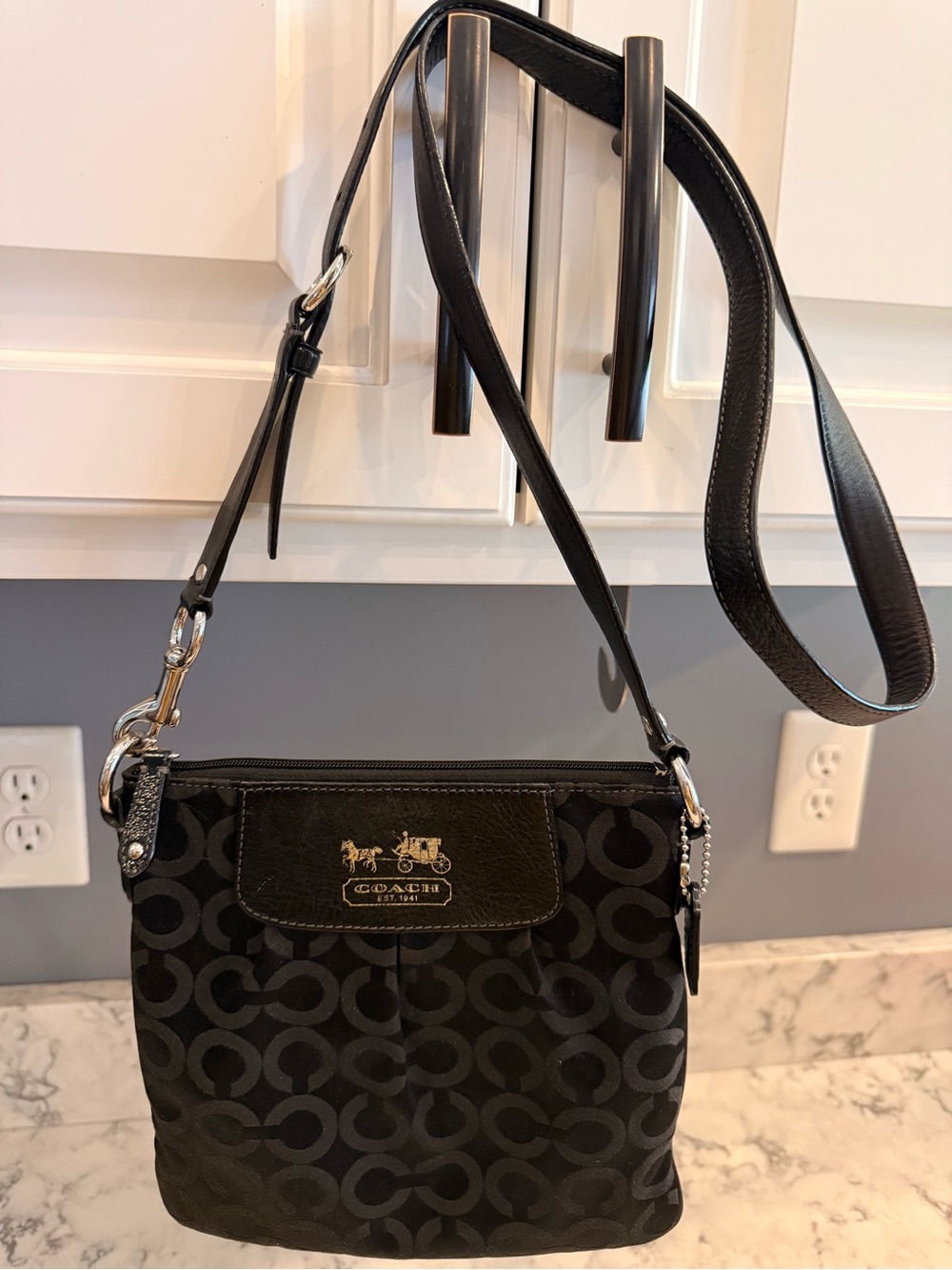 Coach Black Signature Canvas Crossbody Bag Leather Trim Adjustable Strap